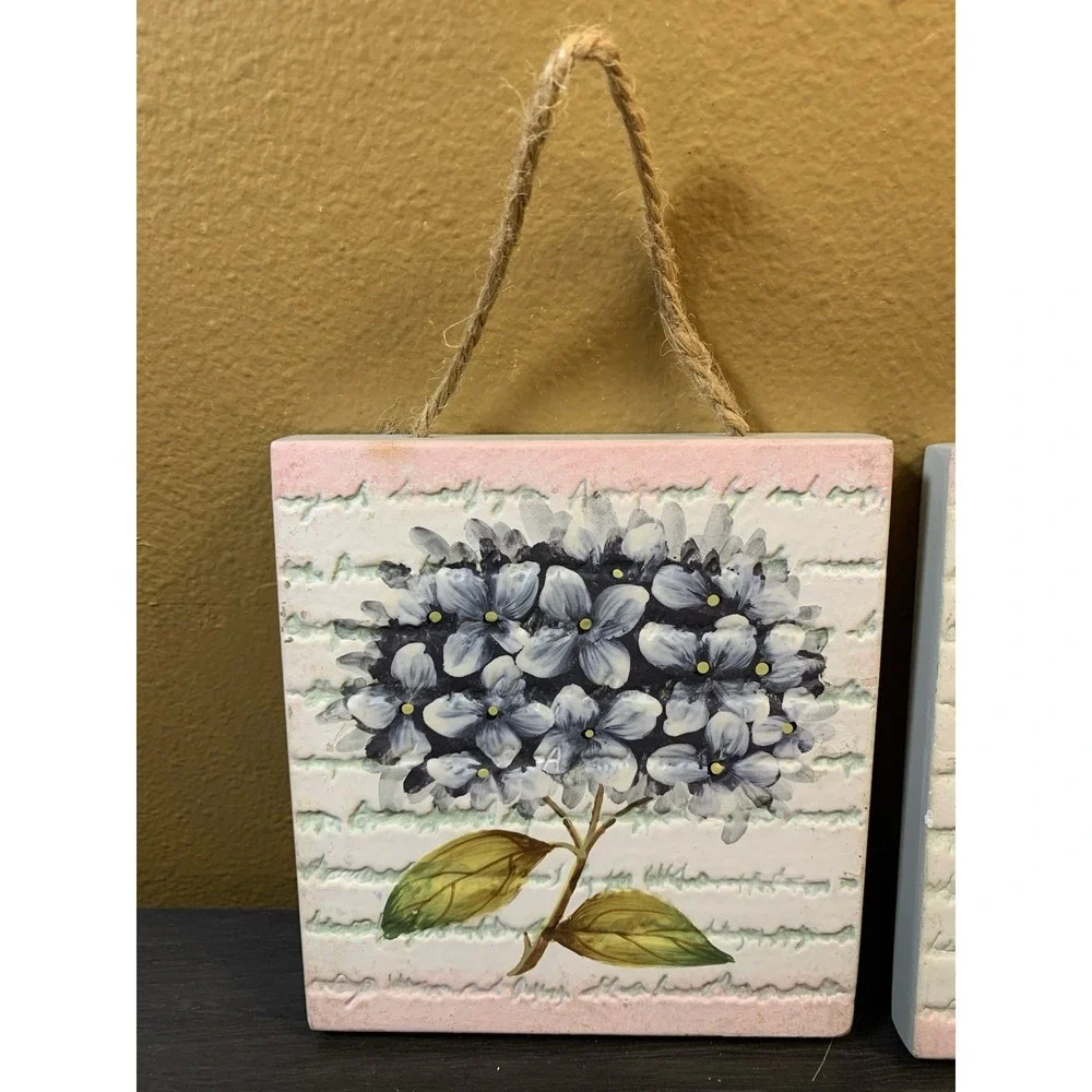 Home Interiors Hydrangeas - Ceramic Tile Wall Art Plaques - Set of 2
